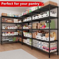 an image of a pantry with food items on the shelves and labeled perfect for your pantry