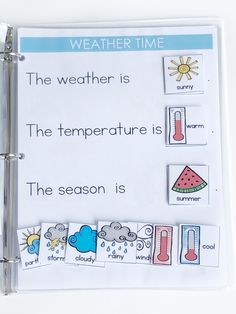 a weather time book with pictures on it