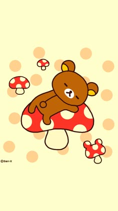 a brown teddy bear sitting on top of a mushroom with mushrooms around it's legs