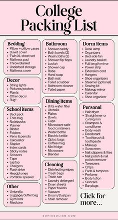 the college packing list is shown in pink