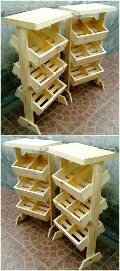 two pictures of the same wooden table with drawers on each side, and one in different positions