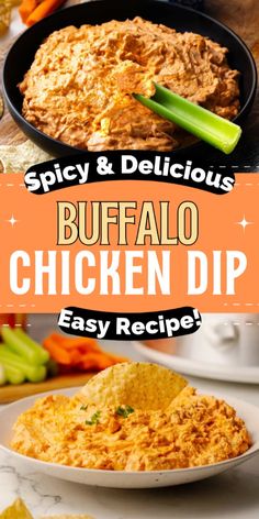 buffalo chicken dip recipe in a black bowl and on a white plate with celery