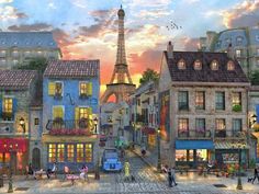 a painting of the eiffel tower in paris, france with people walking around