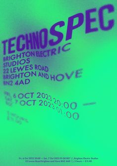 a poster with the words techspec written in purple and green on it's side