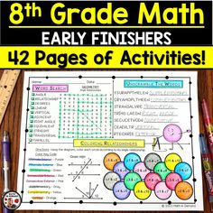 the 8th grade math worksheet for early finishers is shown with pencils and markers