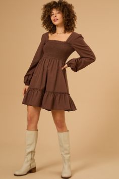 Megan Babydoll Long Sleeve Dress in Brown | Altar'd State White Dress Boots, Long Fall Dresses, Clothes Board, Skirts With Boots, Sporty Casual, Fall Dress, Altar'd State, Christmas 2024, Babydoll Dress