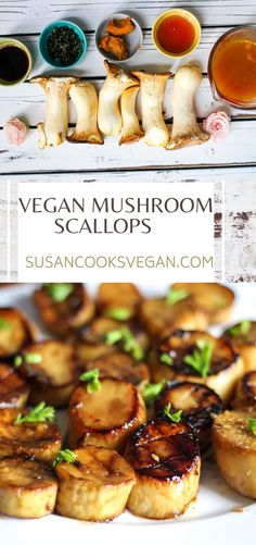 an assortment of vegan mushroom scallops on a white plate with dipping sauces