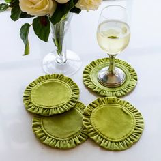 This beautiful set of four 100% European velvet coasters will make your table look elegant and timeless. These make great cocktail napkins as well as elegant coasters! Combine with table runners, squares and napkins for the perfect look. Pair with Round Velvet Placemats for a complete look or give as the perfect gift. Available in Red, Forest Green, White, Cream, Pear, Black, Dusty Pink and Light Blue.5" Set of 4 Velvet Placemats, Elegant Coasters, Red Forest, Velvet Cream, Small Sewing, Perfect Gif, Small Sewing Projects, Table Placemats, Wine Bag