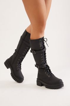 Available In Black. Combat Boots Knee High Round Toe Lace Up Buckle Detail Chunky Block Heel Imported | Chicago Combat Boots in Black size 6 by Fashion Nova Black Combat Boots Heels, High Combat Boots Outfit, Long Combat Boots, Combat Boots Knee High, Cargo Boots, Combat Boots For Women, Combat Boots Heels, Shoes Boots Combat, Acubi Aesthetic