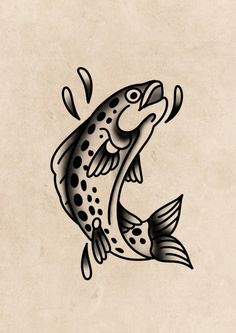 a drawing of a fish with spots on it's body and tail, flying through the air