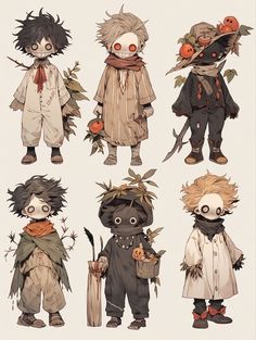 four different cartoon characters dressed up in halloween costumes with pumpkins and leaves on their heads