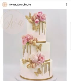 a three tiered wedding cake with pink flowers and gold leaves on the top layer