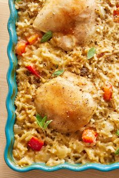 chicken and rice casserole in a blue dish