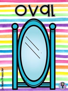 an oval shaped mirror with the word ovai in front of it on a colorful striped background