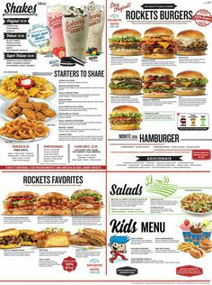 the menu for shaker's burgers is shown in red, white and blue