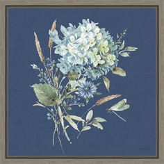 a painting of blue and white flowers on a blue background