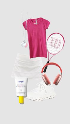 a pink shirt, headphones, tennis racket and other items are arranged on a gray background