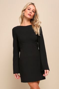 Elegant Cutie Black Bow Long Sleeve Backless Mini Dress Fall Wedding Guest Dresses, Fall Wedding Outfits, Casual Wedding Guest Dresses, Black And White Tuxedo, Nye Dress, Formal Dresses With Sleeves, Fall Wedding Guest, Long Sleeve Cocktail Dress, Fall Wedding Guest Dress