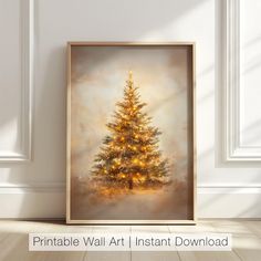 a painting of a christmas tree with lights on it in front of a white wall