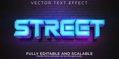 3d text effect with neon blue and purple colors on a dark brick wall, in the style of street