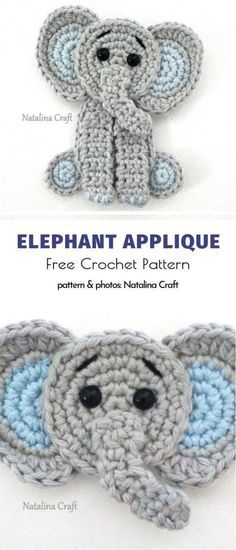 crochet elephant applique is shown in three different colors and sizes, including blue