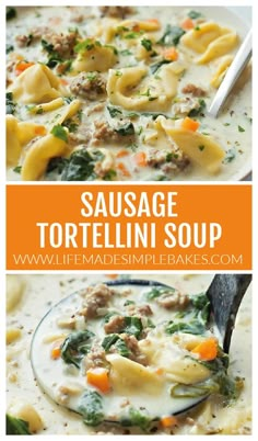 sausage tortellini soup in a white bowl with a spoon