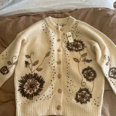 Anthropologie Vintage Sweater Nwt. Cream With Embellishment And Hand Stitching. Size M. A Generous M. Could Fit A L As Well. Beautiful. In Perfect Condition. Long Open Sweater, Bow Sweater, Colored Cardigans, Wool Poncho, Cropped Cardigan Sweater, Open Cardigan Sweater, Off Shoulder Sweater, Vintage Sweater, Boatneck Sweater