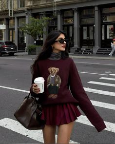 Holiday Sweater And Skirt Outfit, Fall Sweater And Skirt Outfit, Burgundy Holiday Outfit, Outfits 2025 Trends, Cozy Holiday Outfit, Teddy Bear Sweater Outfit, Holiday Sweater Outfit, High Value Woman Aesthetic, Skirt Holiday Outfit