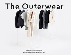 an advertisement for the outerwear brand with clothes hanging on hangers in front of white background