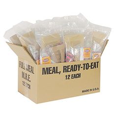 the meal ready - to - eat box is packed with 12 bags of meals in each