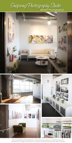 the inside of an office with pictures on the wall