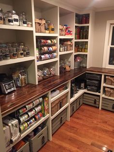 an organized pantry with lots of shelves and bins filled with food, snacks or other items