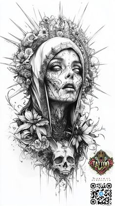 a drawing of a woman's face with flowers and skulls