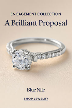 an engagement ring is shown with the words, engagement collection a brilliant proposal blue nile shop jewelry