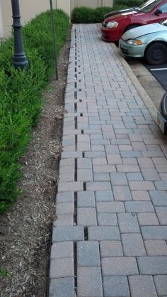 a brick sidewalk next to a parking lot with cars parked on the side of it