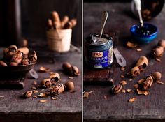 two pictures of nuts in a bowl and on a table next to a jar of peanut butter