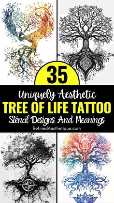 Get inspired by 35 stunning tree of life tattoo stencil designs that showcase the perfect blend of intricate outlines and spiritual symbols. Ideal for both men and women, these tattoos can be customized with names or left as simple, elegant drawings. Featuring elements like the crescent moon, compass, and Vegvisir, these designs are perfect for those seeking a spiritual and geometric touch. Enhance your body art with colorful and meaningful symbols like the raven, wolf, and lion. Wolf And Lion, Elegant Drawings, Geometric Tattoo Tree, Tattoo Stencil Designs, Aesthetic Tree, Geometric Trees, Tree Of Life Symbol, Tree Tattoo Designs, Stencil Design