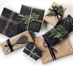 presents wrapped in brown paper and tied with black ribbon