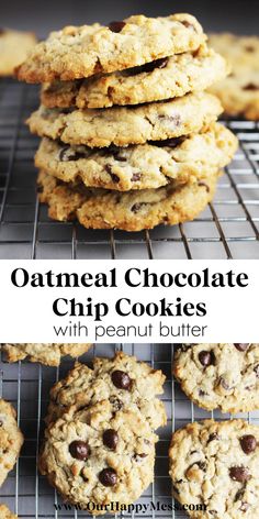 oatmeal chocolate chip cookies stacked on top of each other with text overlay