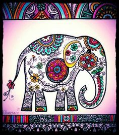 an elephant with colorful designs on it's body