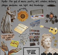 a collage of various items that include books, music, and other things to describe