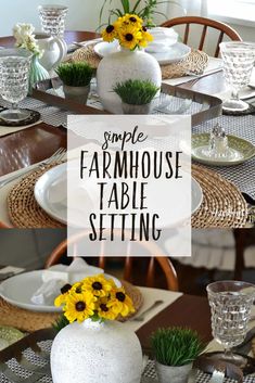 simple farmhouse table setting with sunflowers and greenery