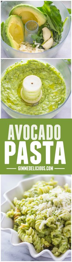 avocado pasta with pesto sauce in a bowl and on the side is an avocado slice