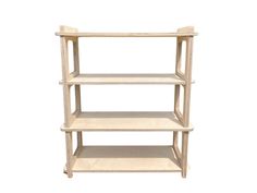 three tiered shelving unit in unfinished wood with no shelves on the top and bottom