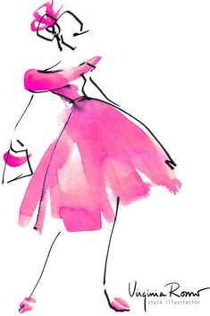 a watercolor drawing of a woman in a pink dress