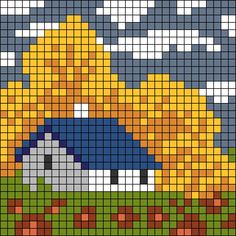 a cross stitch pattern with a house in the grass under a cloudy sky and clouds