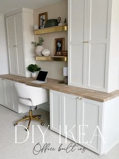 a white desk with a laptop on it and some shelves in the corner behind it