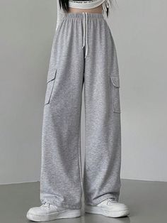 Casual Loose Fit Sweatpants Grey    Knitted Fabric Plain Wide Leg Non-Stretch  Women Clothing, size features are:Bust: ,Length: ,Sleeve Length: Wide Legged Sweatpants, Baggy Sports Pants, Wide Leg Sweatpants Outfit Casual, Gray Baggy Sweatpants, Cute Sweat Pants, Pants Gris, Baggy Sweatpants Outfit, Clothes Sweatpants, Comfy Core