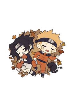 two cartoon characters sitting next to each other with leaves around them and one is holding an animal