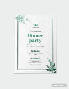 a dinner party flyer with green leaves on the front and back side, in white paper